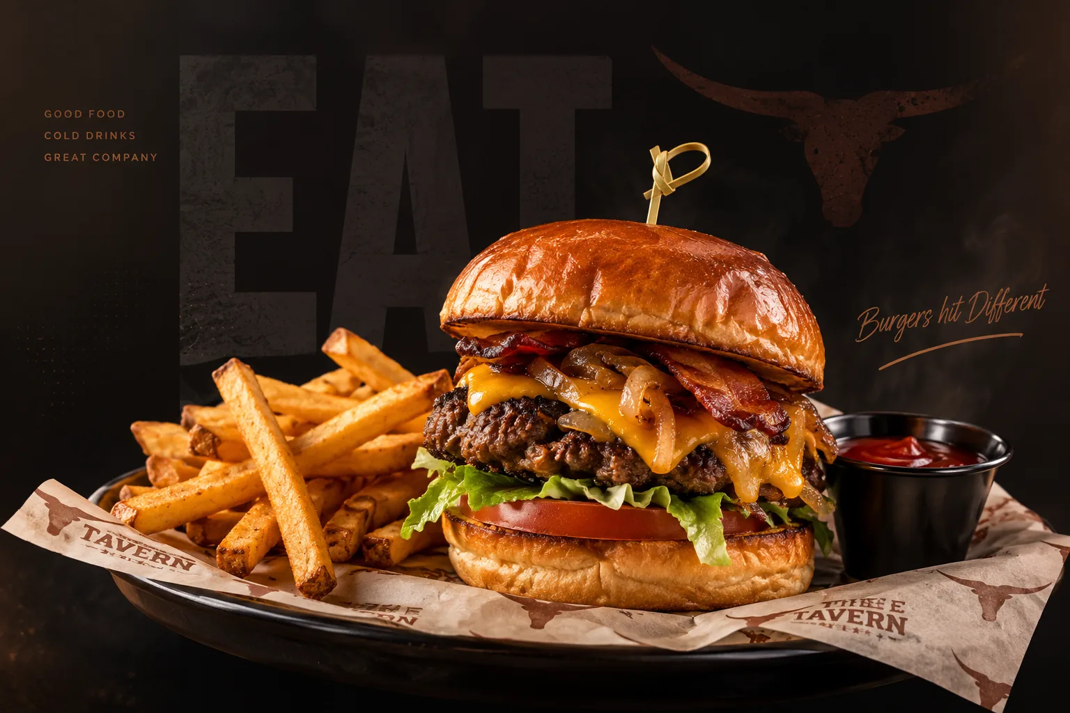 Bacon cheeseburger and fries served at The Tavern